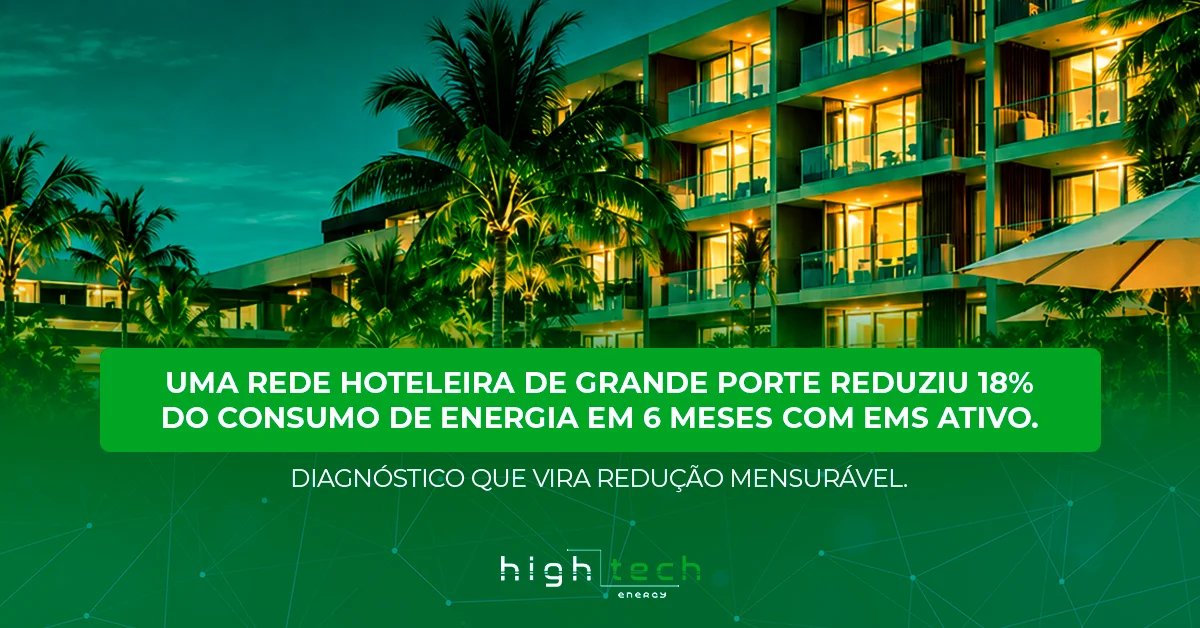 Fachada de hotel iluminado à noite: rede hoteleira de grande porte reduziu 18% do consumo de energia em 6 meses com EMS ativo