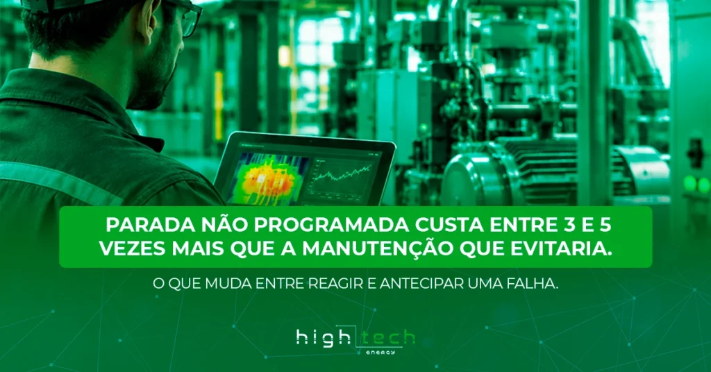 Engenheiro analisa termografia de equipamento industrial em tablet: parada não programada custa de 3 a 5 vezes mais que a manutenção preventiva