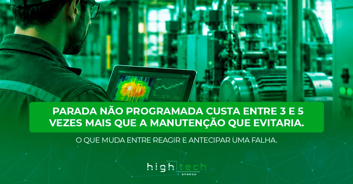 Engenheiro analisa termografia de equipamento industrial em tablet: parada não programada custa de 3 a 5 vezes mais que a manutenção preventiva