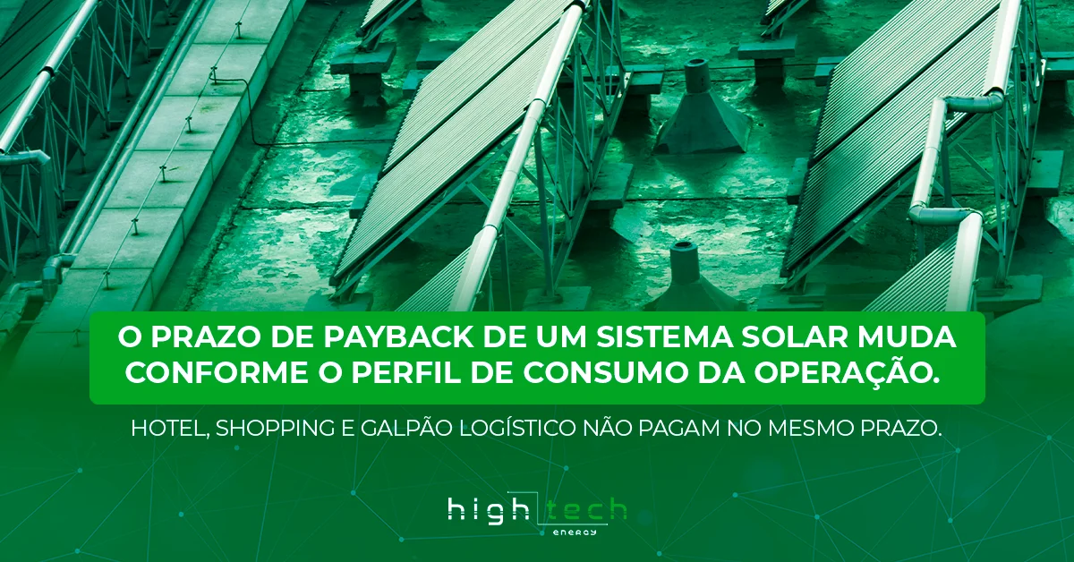 Painéis solares em cobertura comercial: o prazo de payback de um sistema solar muda conforme o perfil de consumo da operação